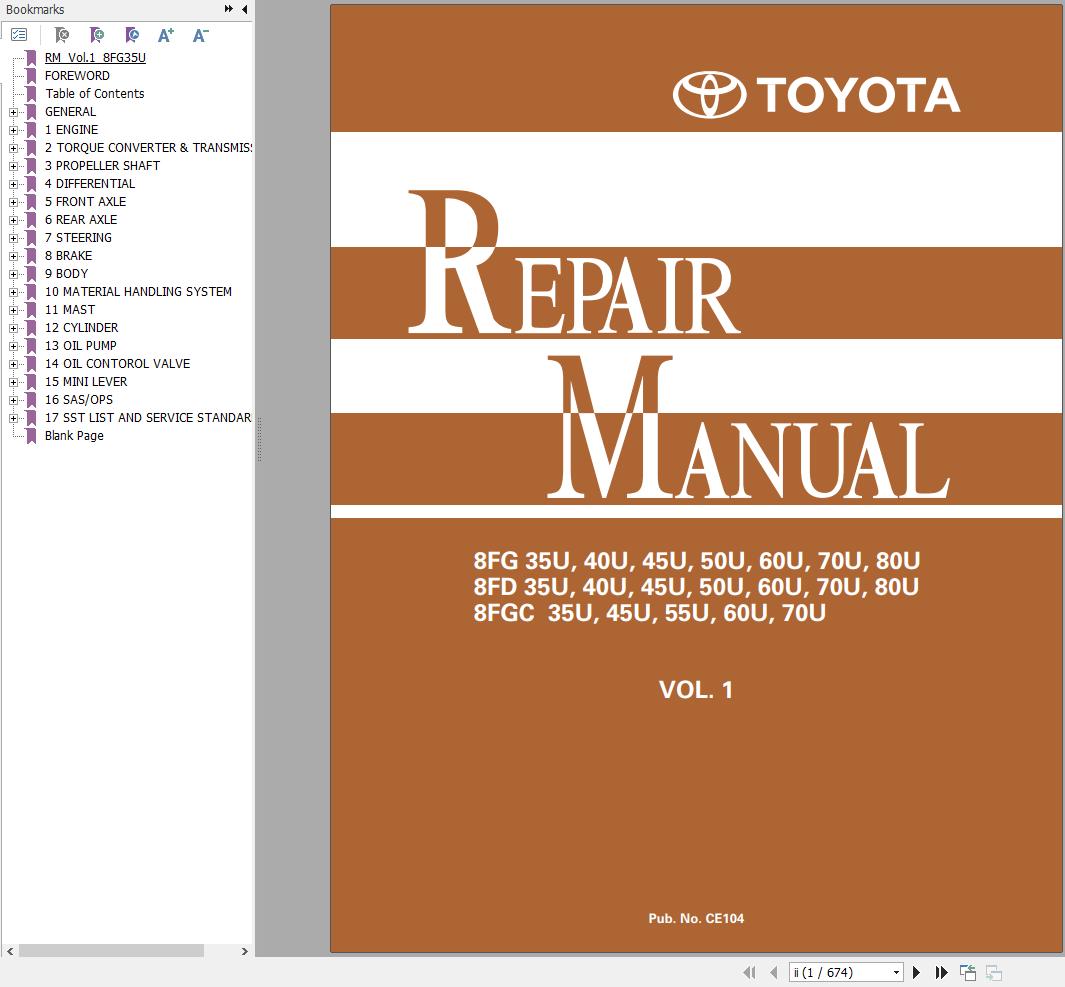 Toyota Forklift 8FG35U to 8FGC70U Repair Manual CE104 1