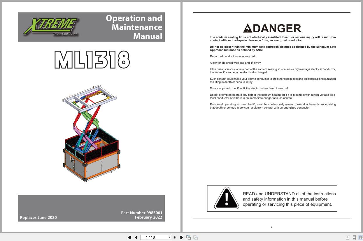 Xtreme Stadium Seating Lift ML1318 Operation Maintenance Manual 9985001 2022 (1)