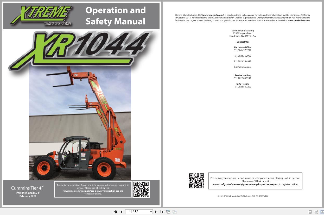 Xtreme Telehandler XR1044 Cummins T4F Operation Safety Manual 24919 000 2021 (1)