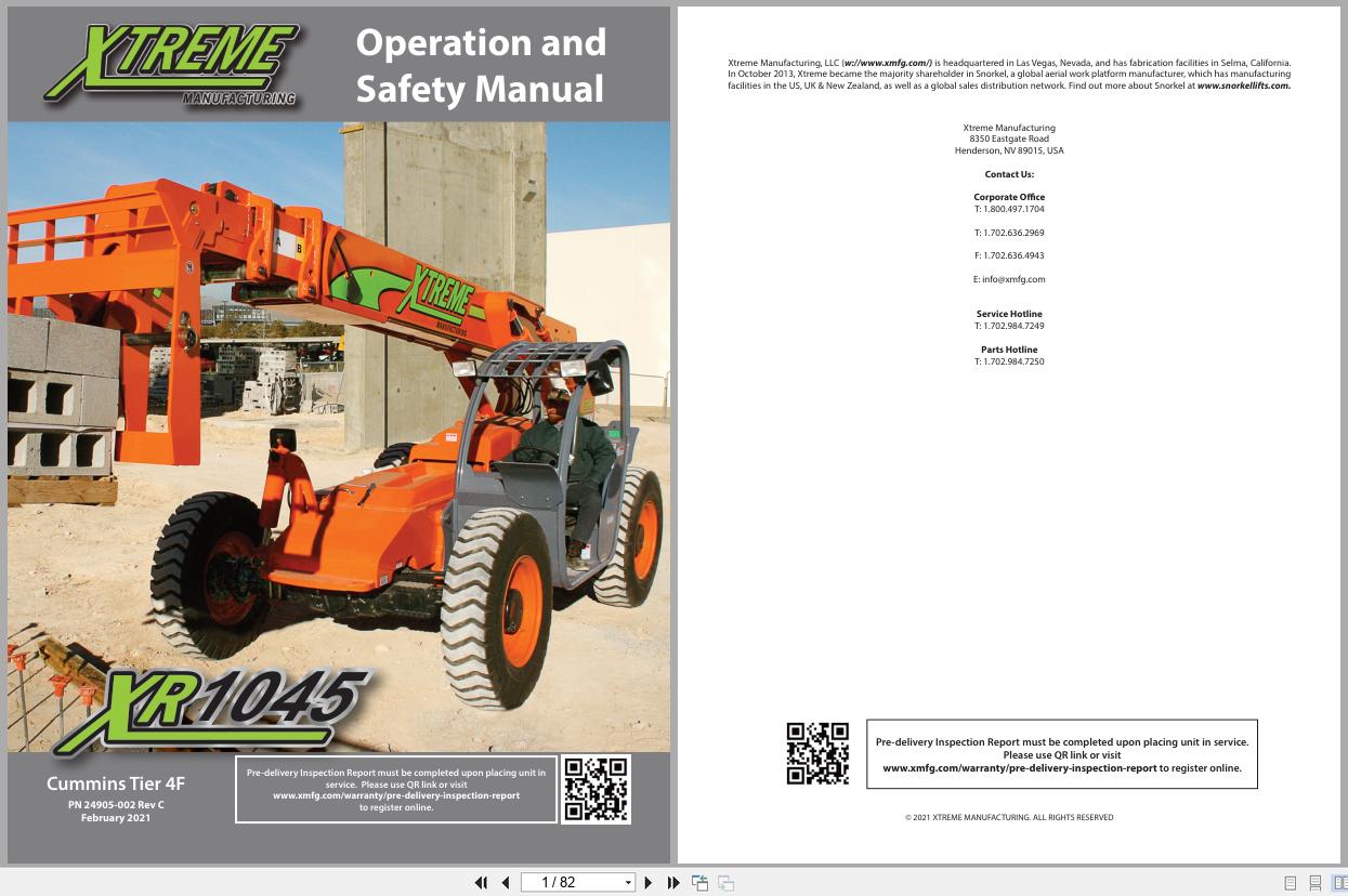 Xtreme Telehandler XR1045 Cummins T4F Operation Safety Manual 24905 002 2021 (1)