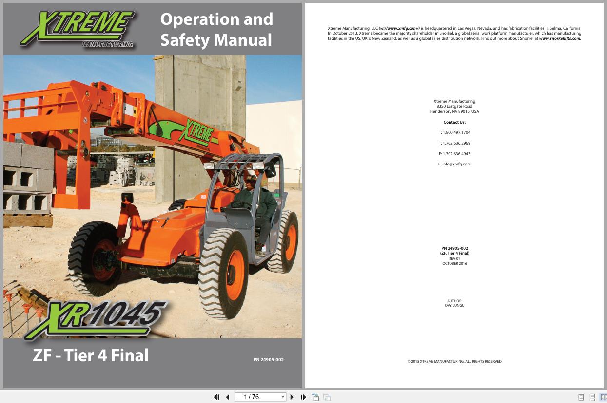 Xtreme Telehandler XR1045 ZF T4F Operation Safety Manual 24905 002 2016 (1)