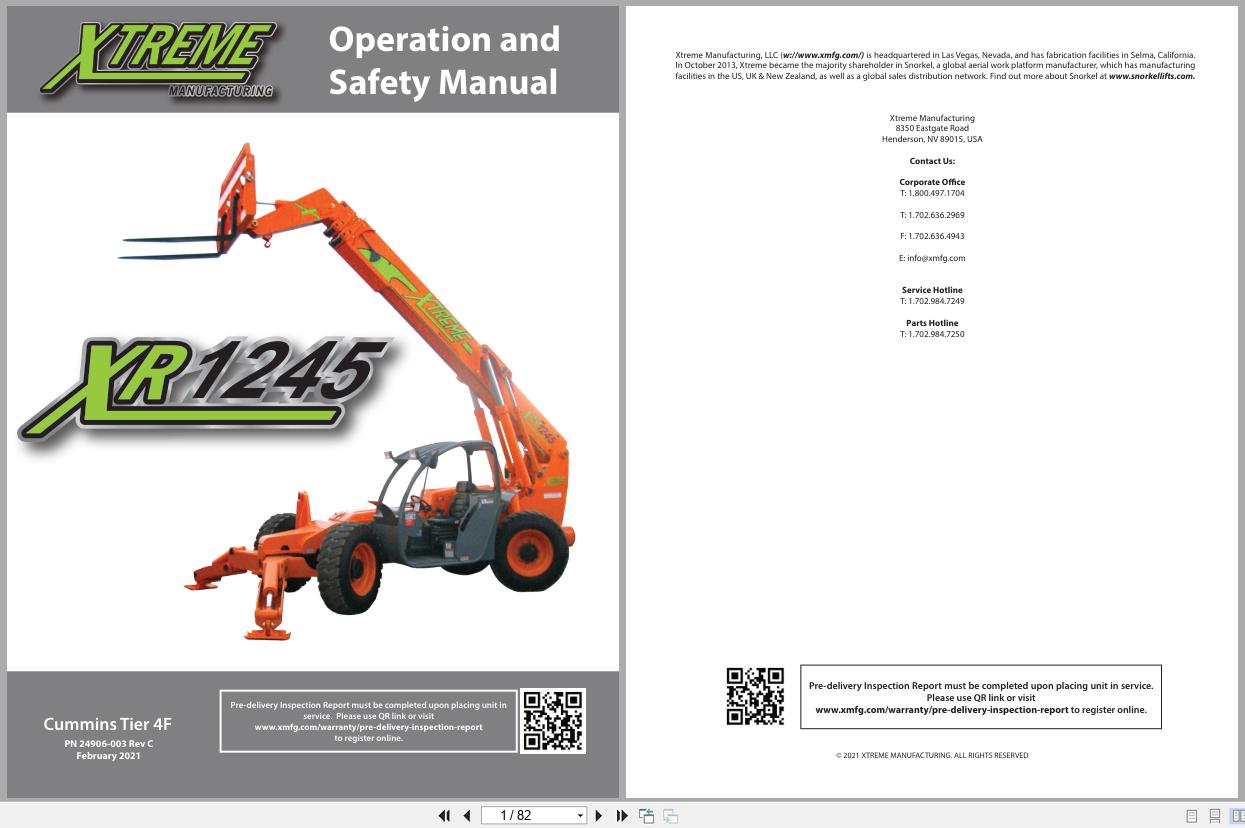 Xtreme Telehandler XR1245 Cummins T4F Operation Safety Manual 24906 003 2021 (1)