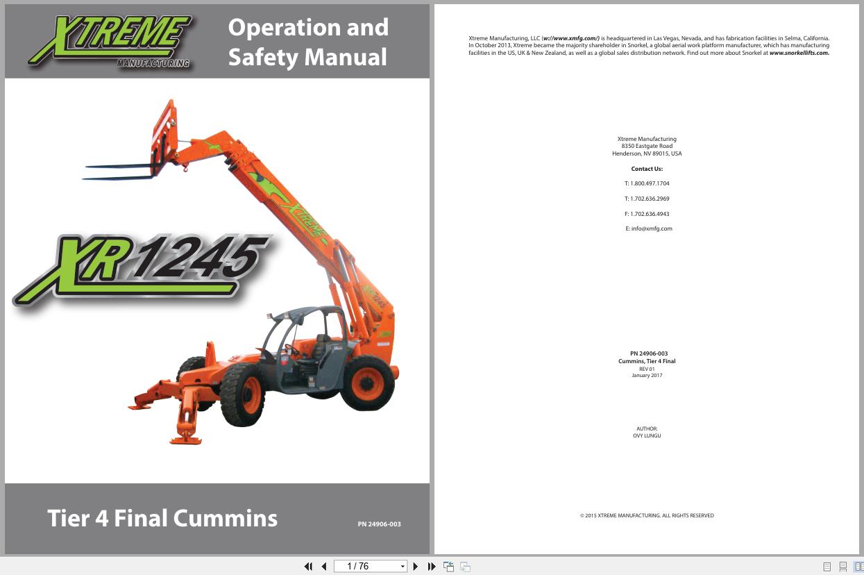 Xtreme Telehandler XR1245 T4F Cummins Operation Safety Manual 24906 003 2017 (1)
