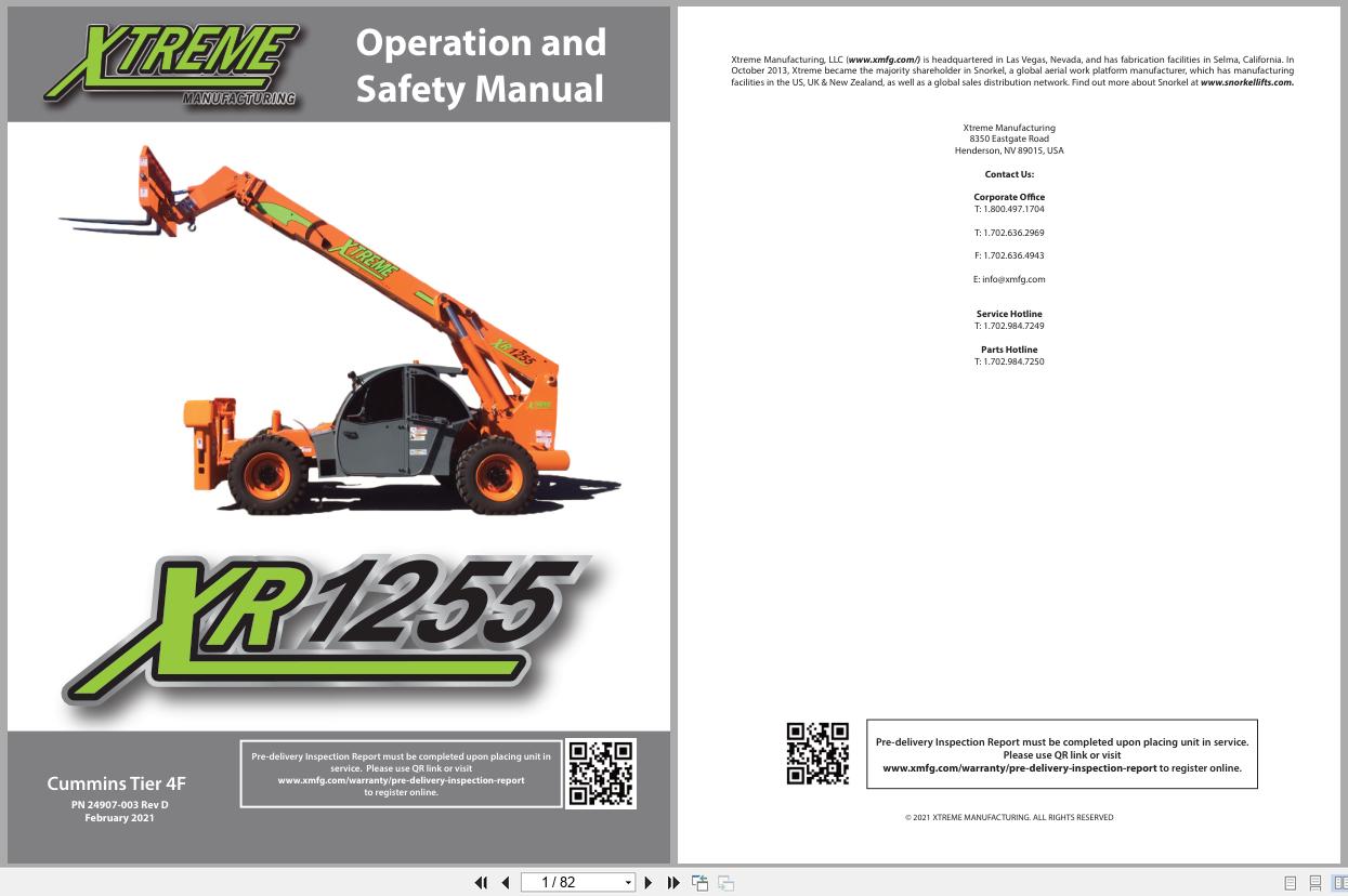 Xtreme Telehandler XR1255 Cummins T4F Operation Safety Manual 24907 003 2021 (1)