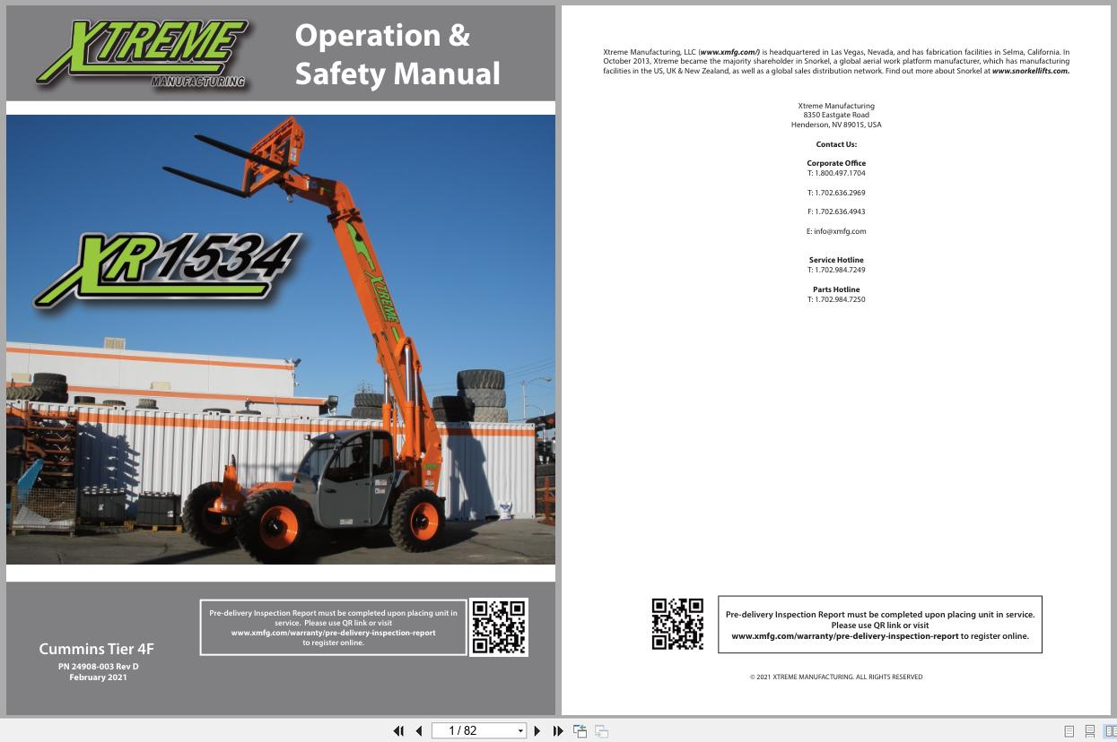 Xtreme Telehandler XR1534 Cummins T4F Operation Safety Manual 24908 003 2021 (1)
