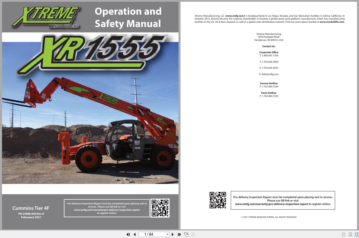 Xtreme Telehandler XR1555 Cummins T4F Operation Safety Manual 24988 000 2021 (1)