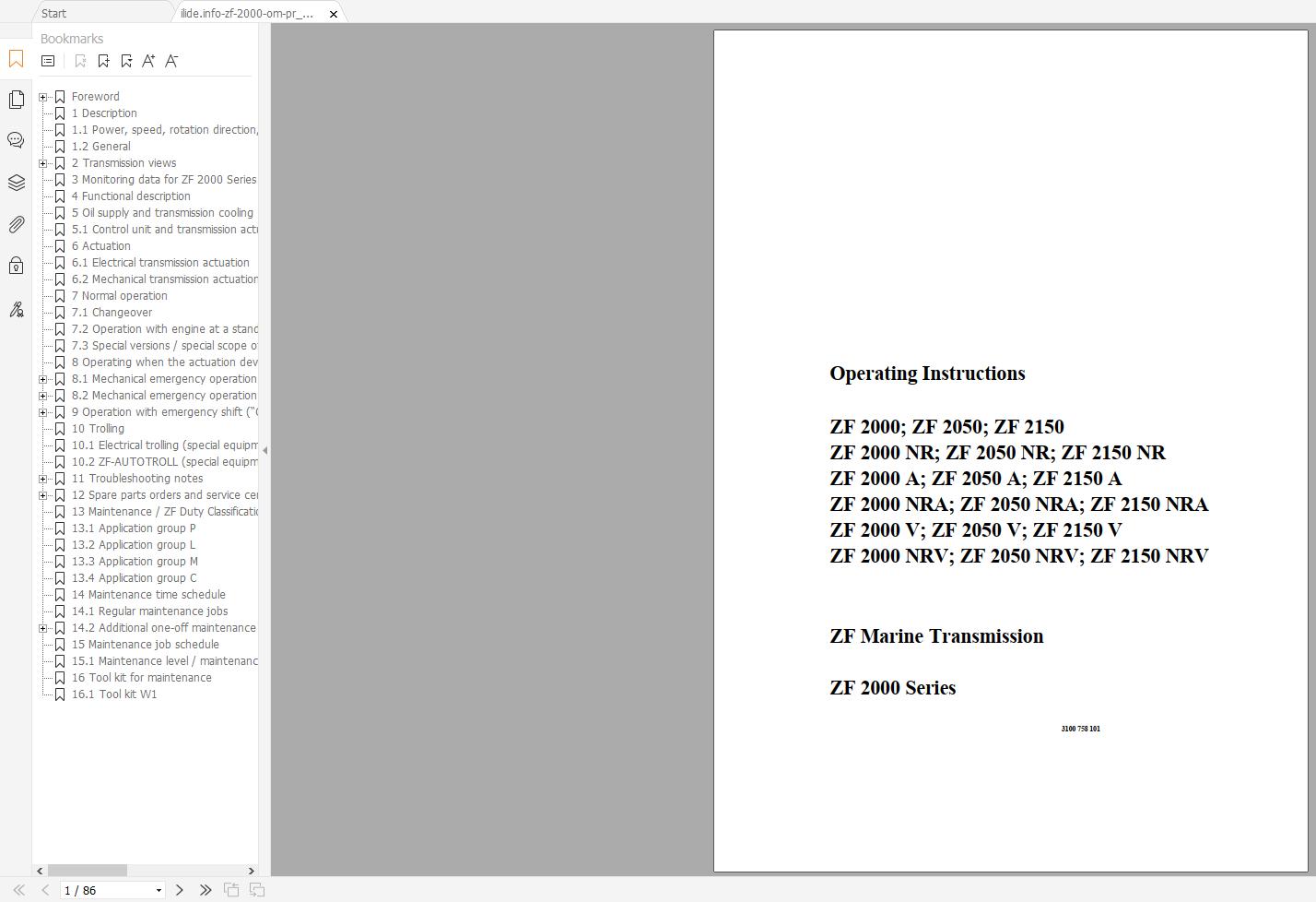 ZF Marine Transmission 2000 Series Operating Instructions 3100758101 (1)