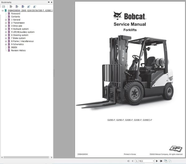 Bobcat Forklift G20E 7 to G35EC 7 Service Manual DSB4530E00 2023 1