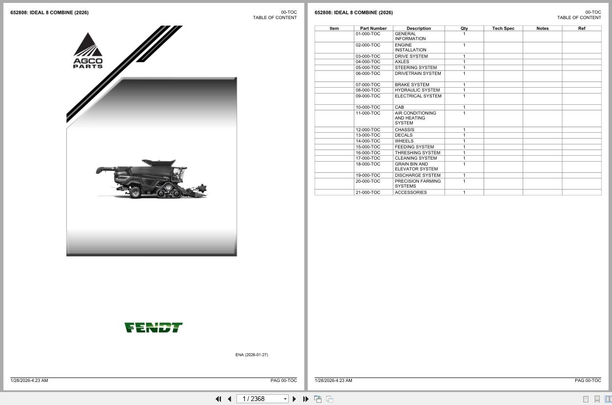 Fendt Combine IDEAL 8 2026 Parts Catalog 652808 1