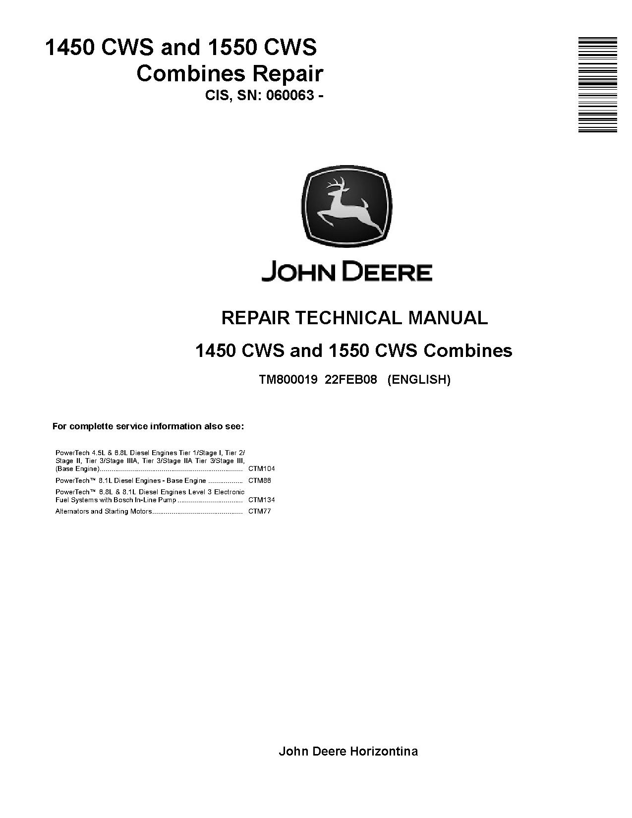 John Deere 1450 CWS 1550 CWS Combines Repair Manual TM800019 (1)