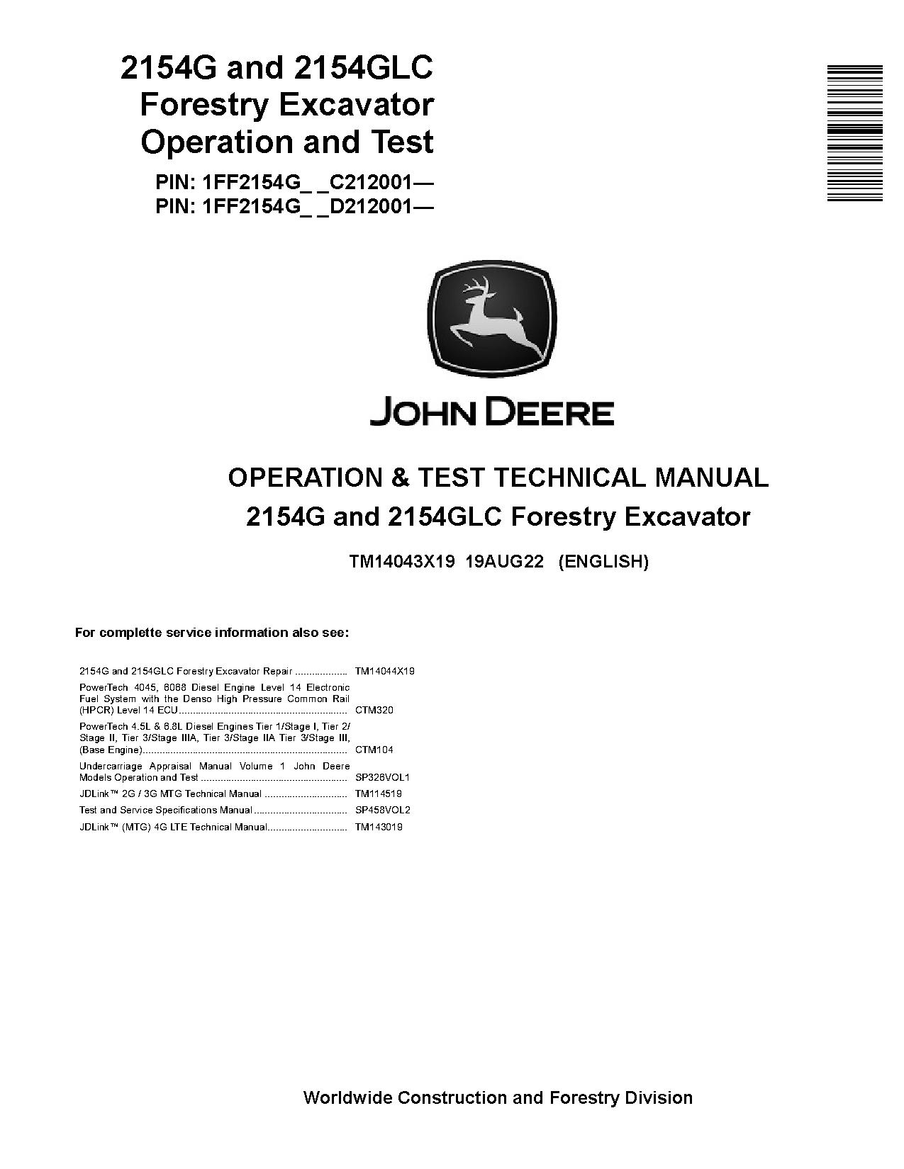 John Deere 2154G 2154GLC Forestry Excavators Operation Test Manual TM14043X19 (1)
