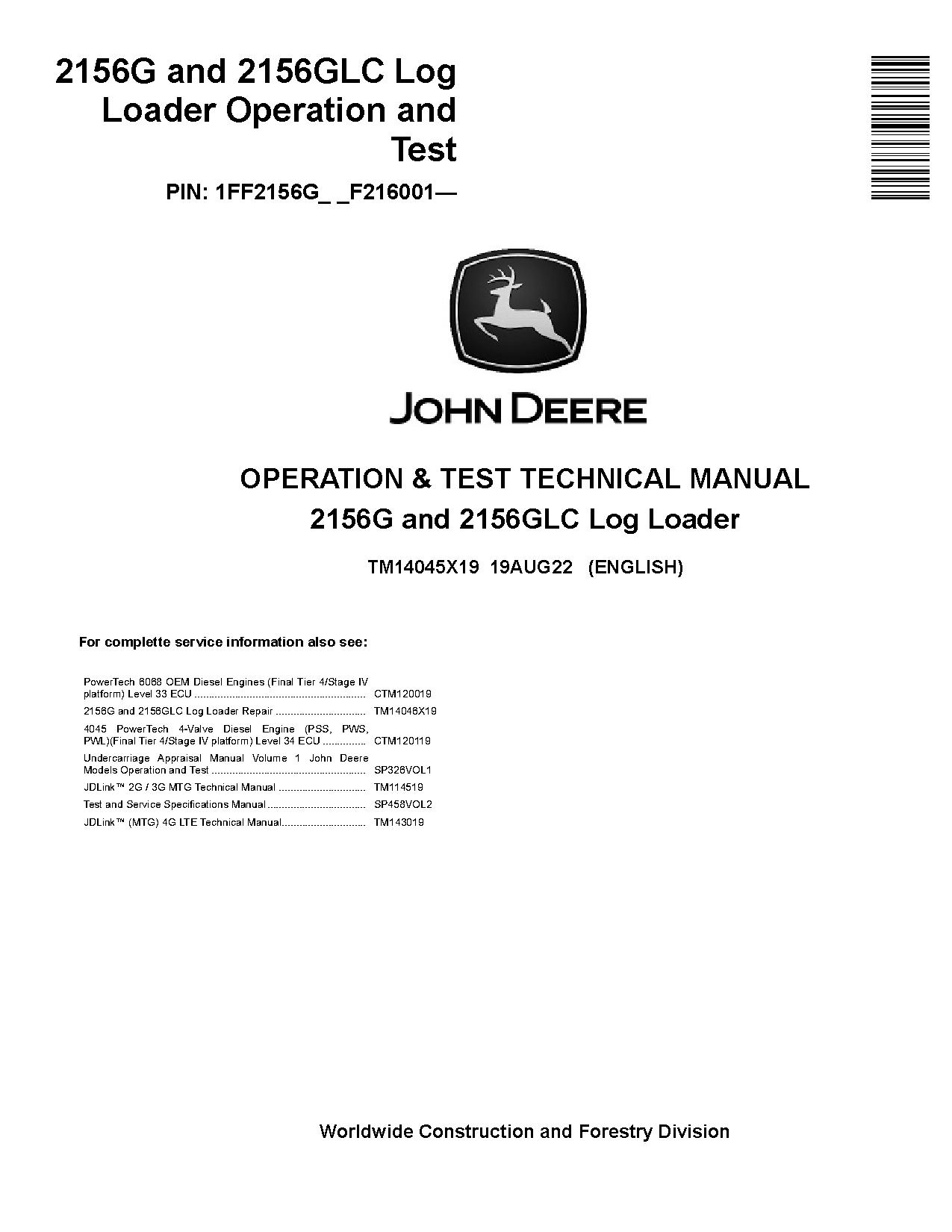 John Deere 2156G 2156GLC Log Loaders Operation Test Manual TM14045X19 (1)