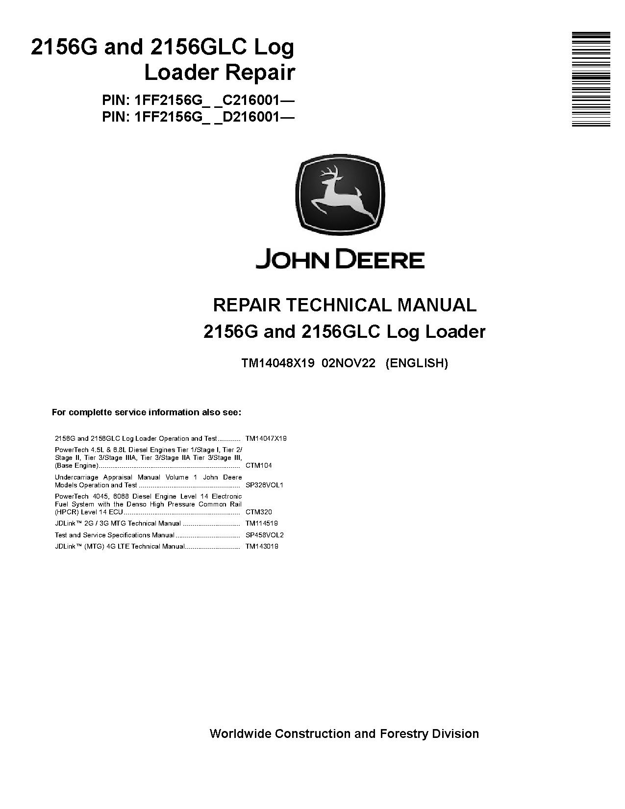 John Deere 2156G 2156GLC Log Loaders Repair Manual TM14048X19 (1)
