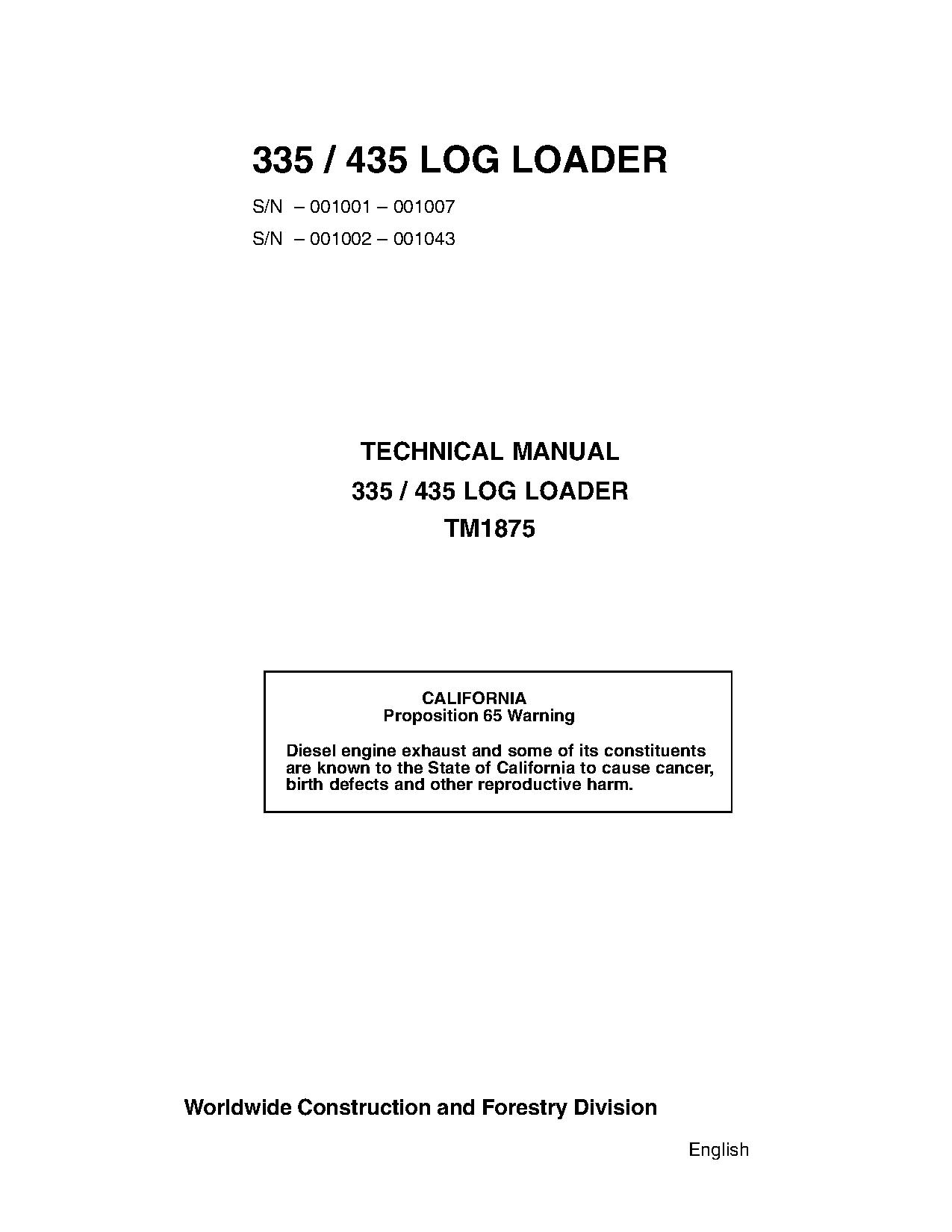 John Deere 335 435 Log Loaders Technical Manual TM1875 (1)