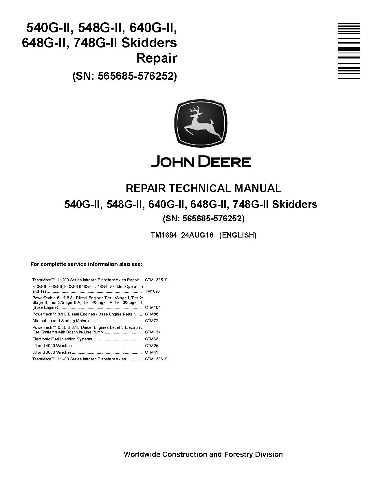 John Deere 540G II 640G II 548G II 648G II 748G II Skidders Repair Manual TM1694 (1)