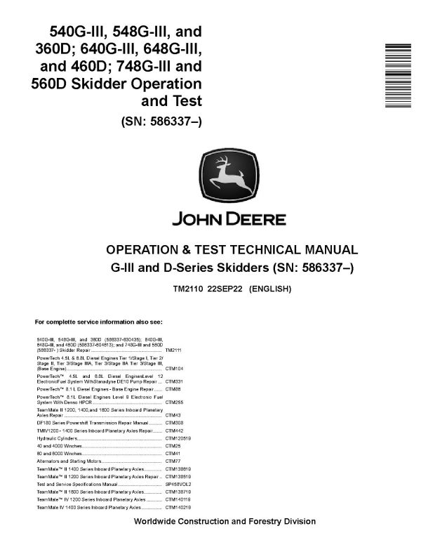 John Deere 540G Iii 640G Iii 548G Iii 648G Iii 748G Iii Timberjack 360D 460D 560D Skidders Operation Test Manual Tm2110 (1)