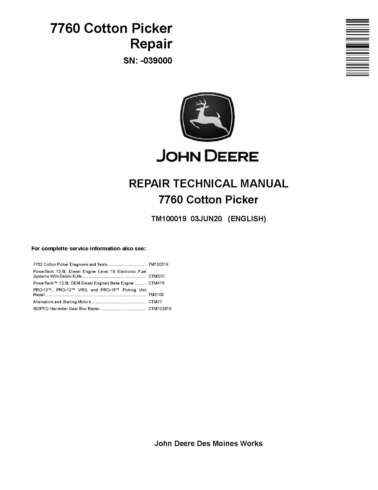 John Deere 7760 Cotton Pickers Repair Manual TM100019 (1)