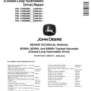 John Deere 803MH 853MH 859MH Closed Loop Hydrostatic Drive Tracked Harvesters Repair Manual TM14577X019 (1)