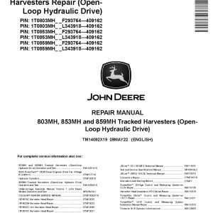 John Deere 803MH 853MH 859MH Harvesters Open Loop Hydraulic Drive Repair Manual TM14092X19 (1)