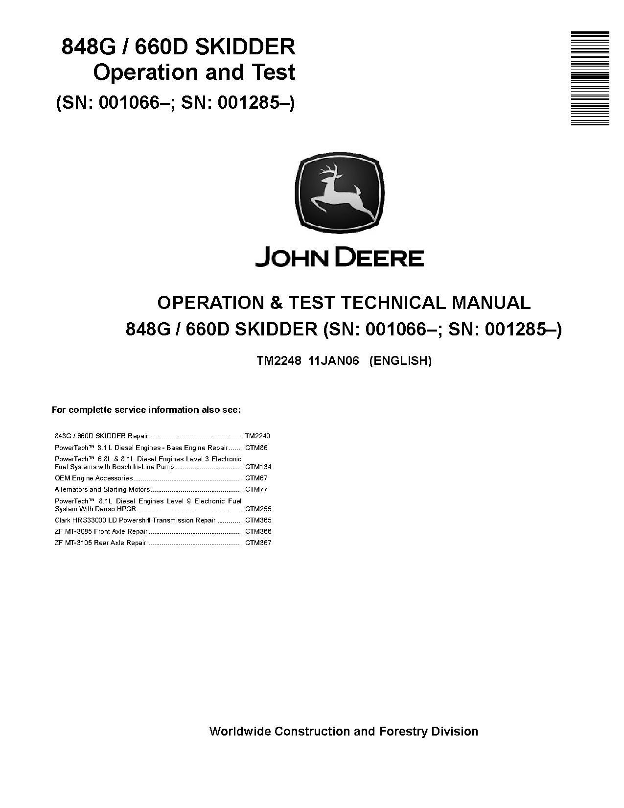 John Deere 848G TimberJack 660D Skidders Operation Test Manual TM2248 (1)
