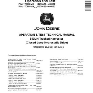 John Deere 859MH Closed Loop Hydrostatic Drive Tracked Harvesters Operation Test Manual TM13184X19 (1)