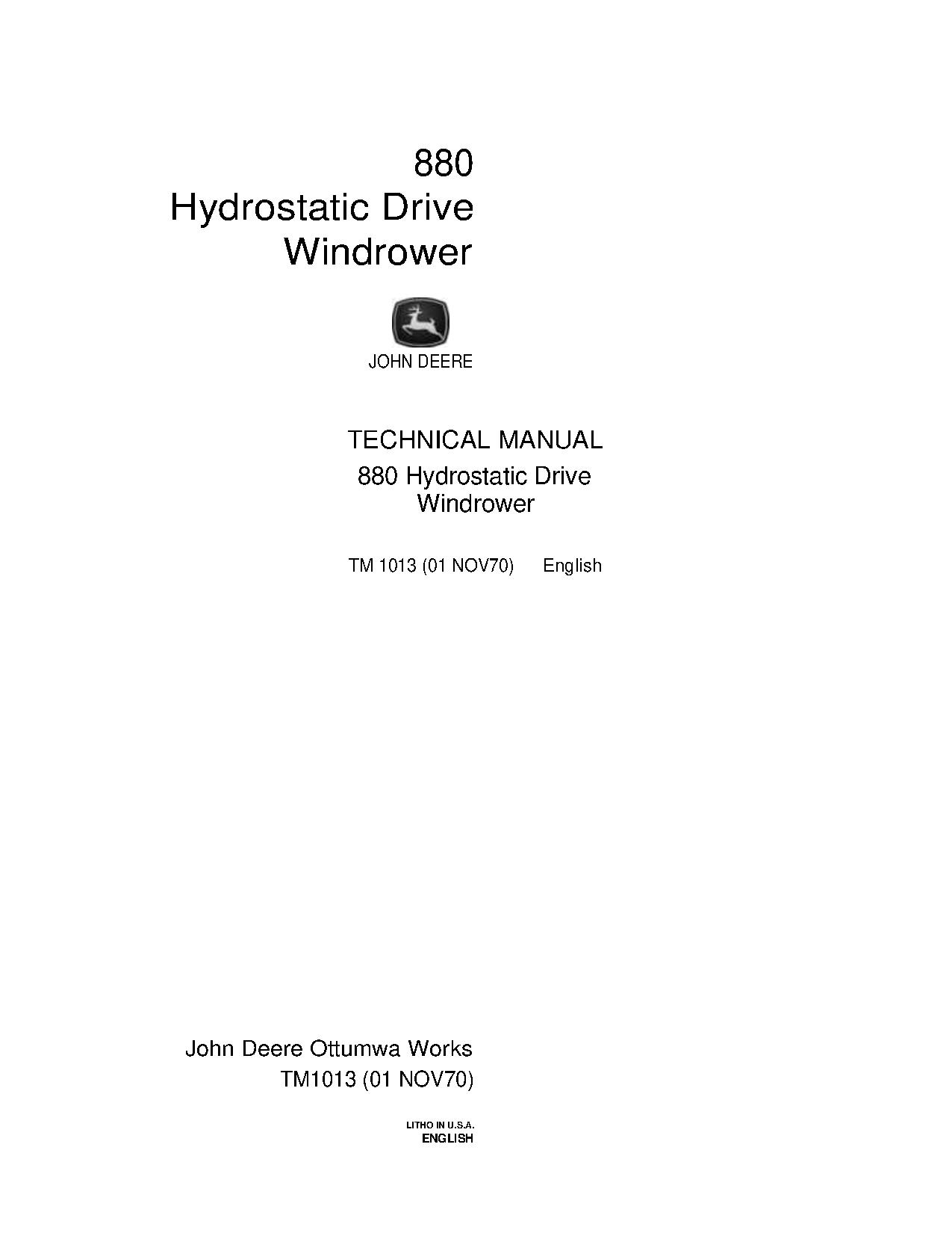 John Deere 880 Hydrostatic Drive Windrowers Technical Manual TM1013 (1)