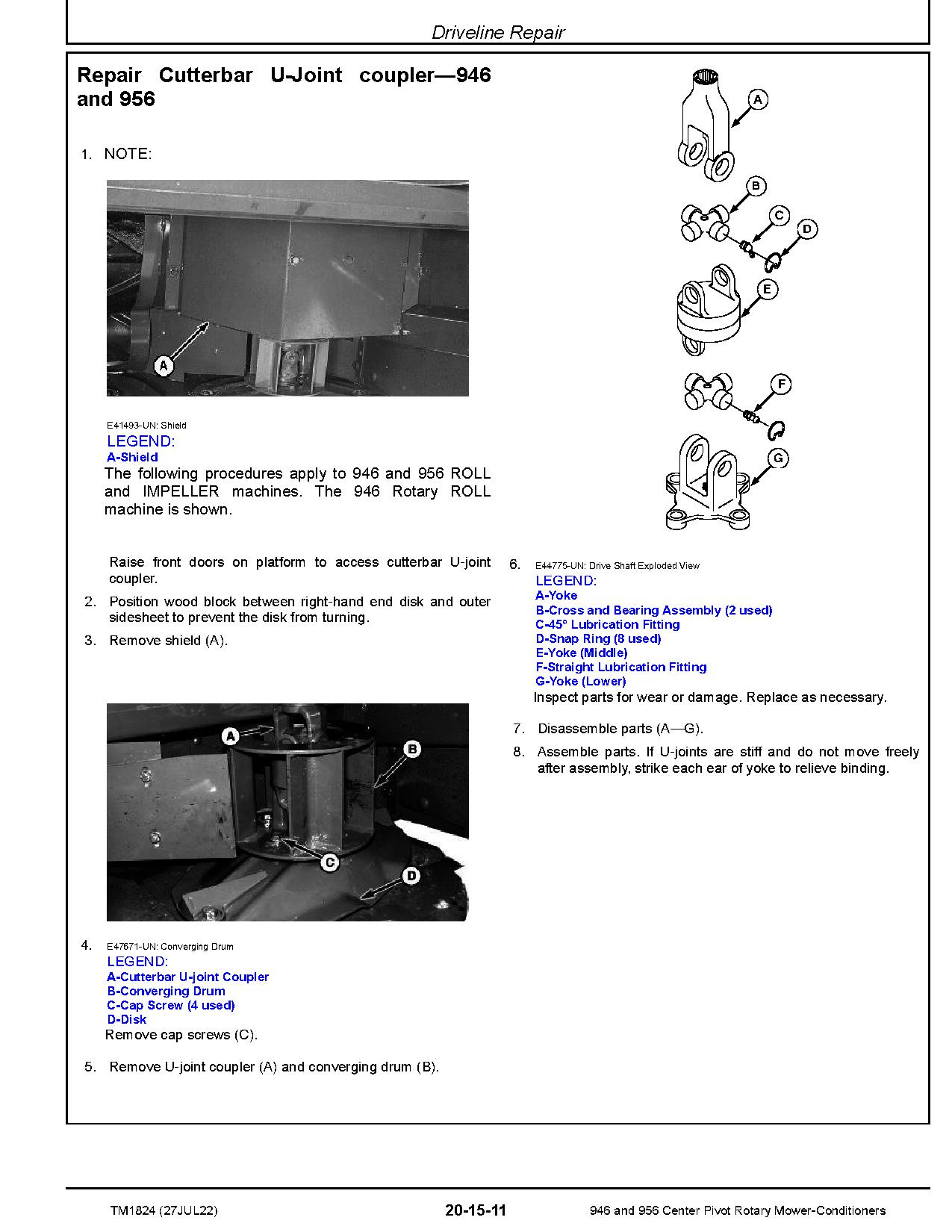 John Deere 946 956 Center Pivot Rotary Mower Conditioners Repair Manual TM1824 (2)
