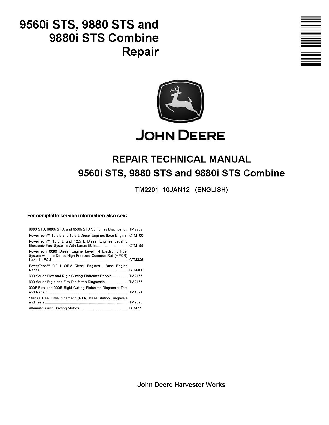 John Deere 9560i 9880 9880i STS Combines Repair Manual TM2201 (1)