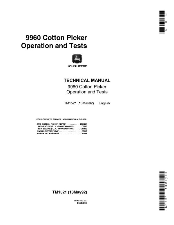John Deere 9960 Cotton Pickers Operation And Test Manual Tm1521 (1)