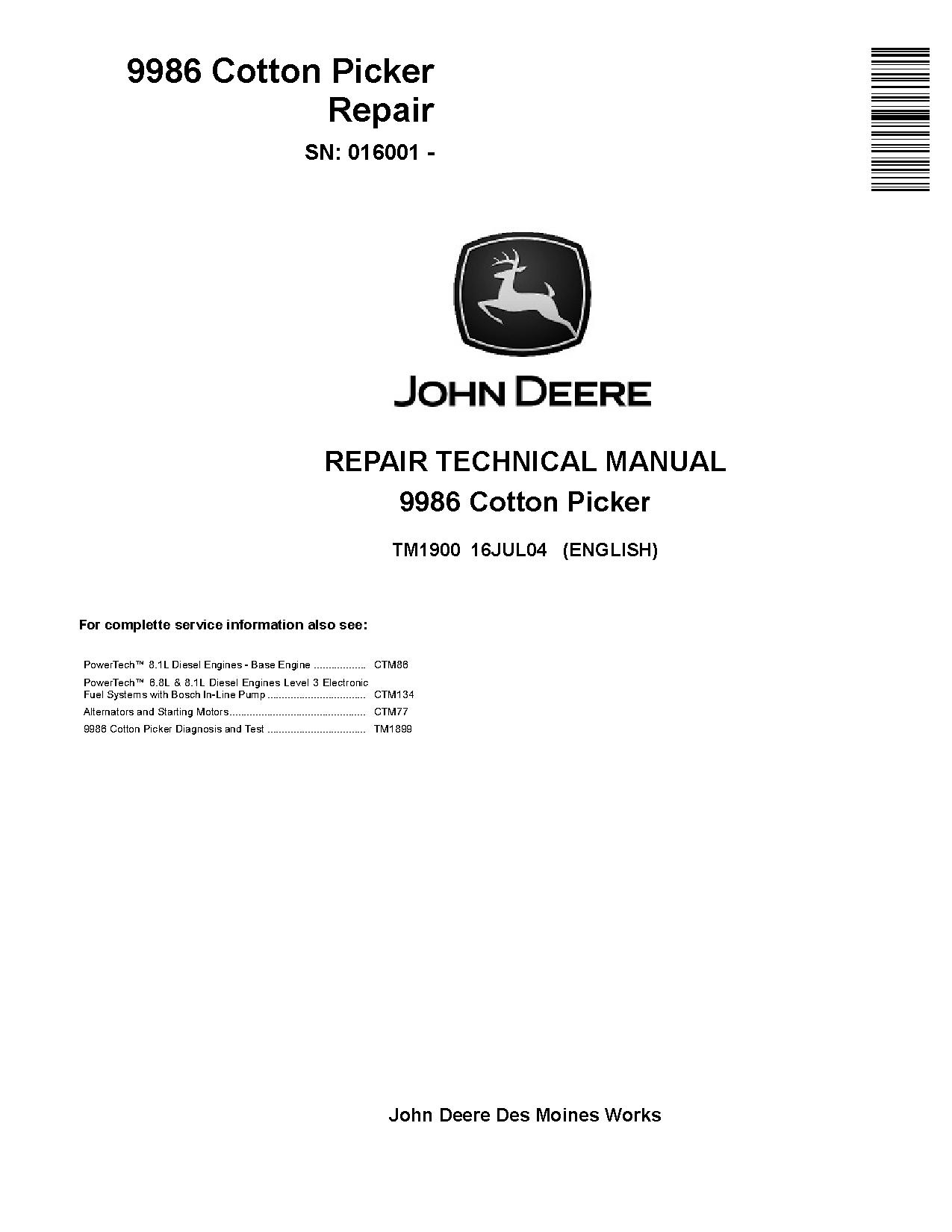 John Deere 9986 Cotton Pickers Repair Manual TM1900 (1)
