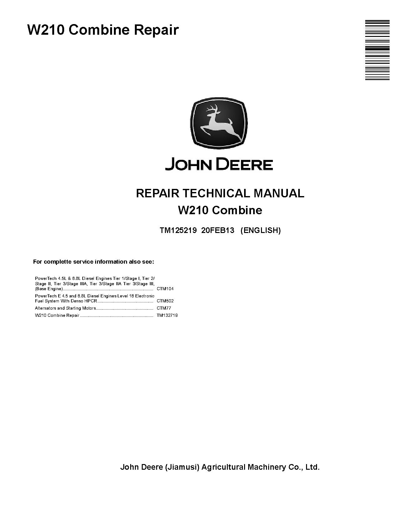 John Deere W210 Combines Repair Manual TM125219 (1)