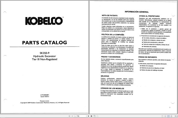 Kobelco Hydraulic Excavator SK350 9 Spare Parts Catalog LC9IZ00038PI 2012 1