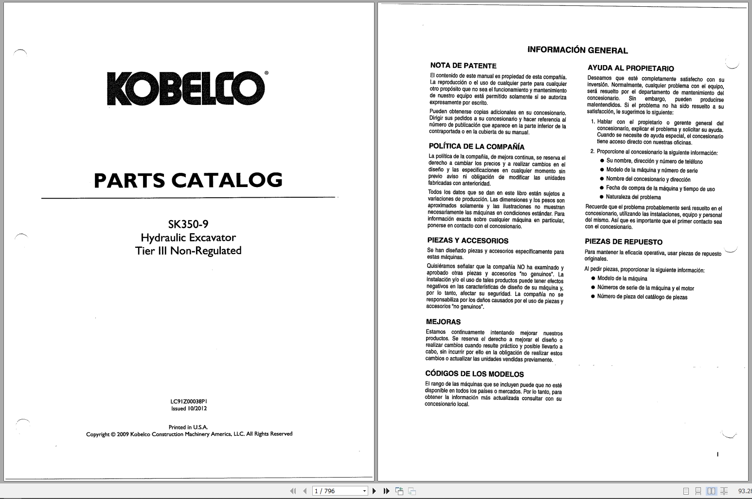 Kobelco Hydraulic Excavator SK350 9 Spare Parts Catalog LC9IZ00038PI 2012 1