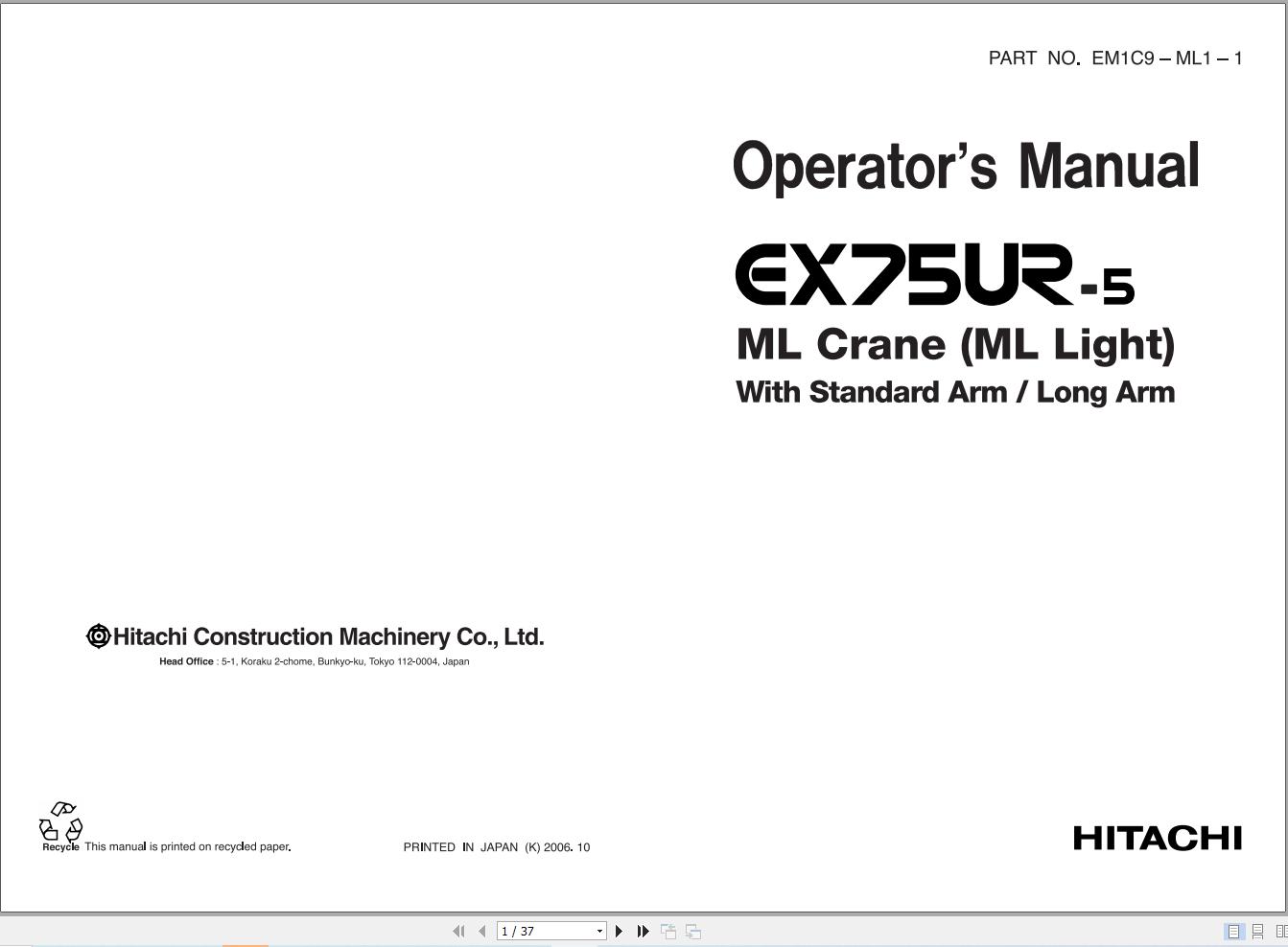06 Hitachi Excavator EX75UR 5 Operator Manual EM1C9 ML1 1 1