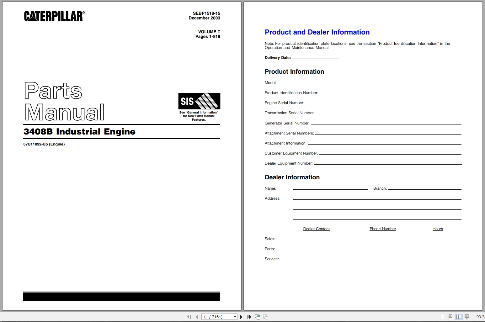 CAT Industrial Engine 3408B Parts Manual SEBP1518 15 2003 1