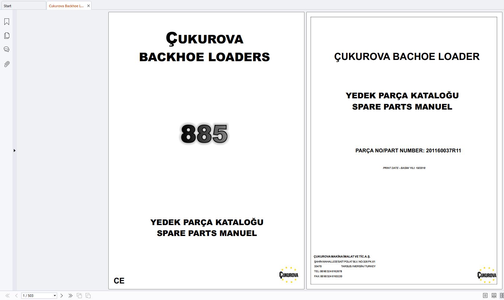 Cukurova Backhoe Loader 885 Spare Parts Catalog 201160037R11 EN TR (1)