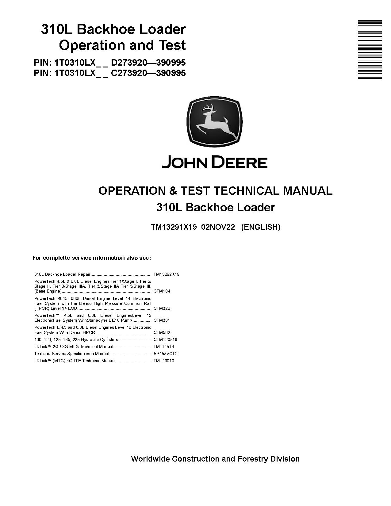John Deere 310L Backhoe Loaders Operation and Test Manual TM13291X19 (1)