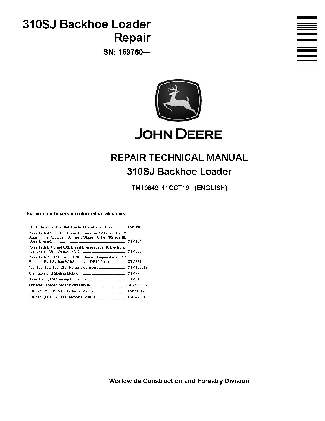 John Deere 310SJ Side Shift Backhoe Loaders Repair Manual TM10849 (1)