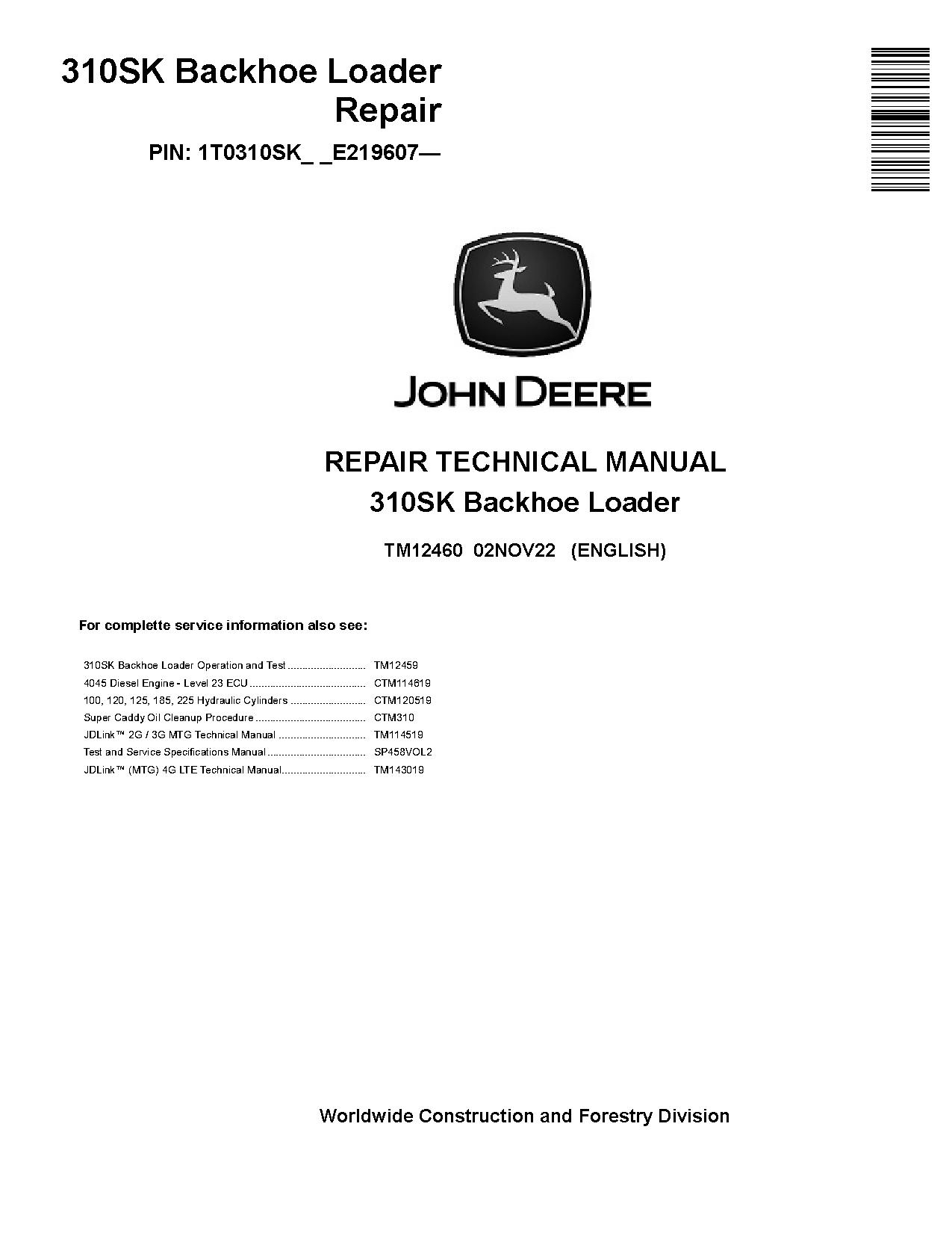 John Deere 310SK Side Shift Backhoe Loaders Repair Manual TM12460 (1)