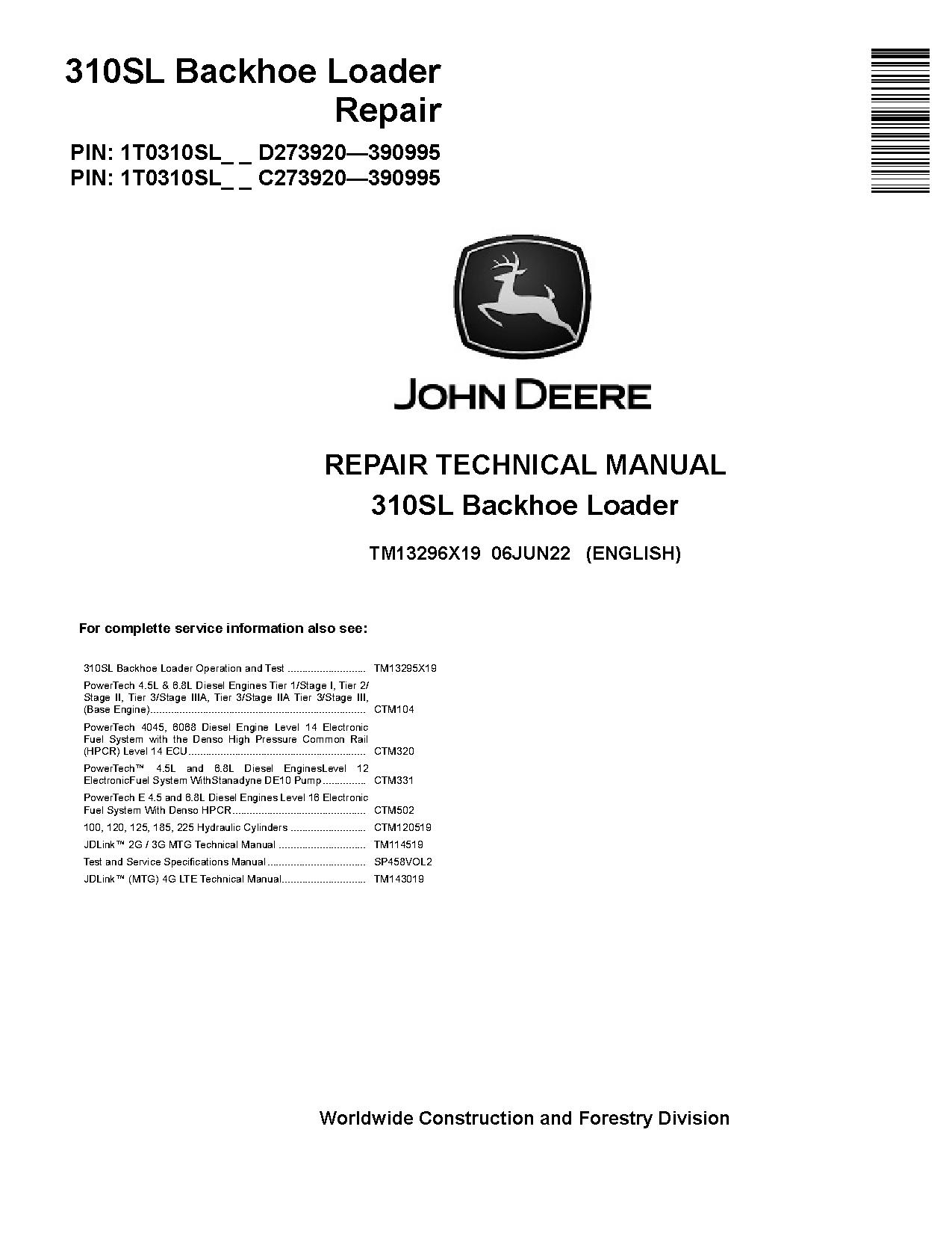 John Deere 310SL Side Shift Backhoe Loaders Repair Manual TM13296X19 (1)