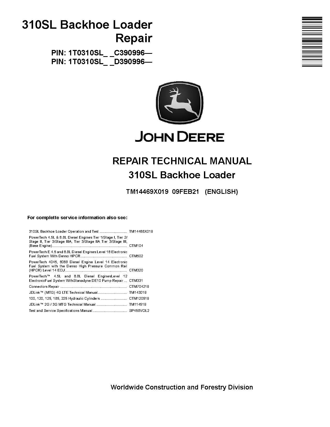 John Deere 310SL Side Shift Backhoe Loaders Repair Manual TM14469X019 (1)