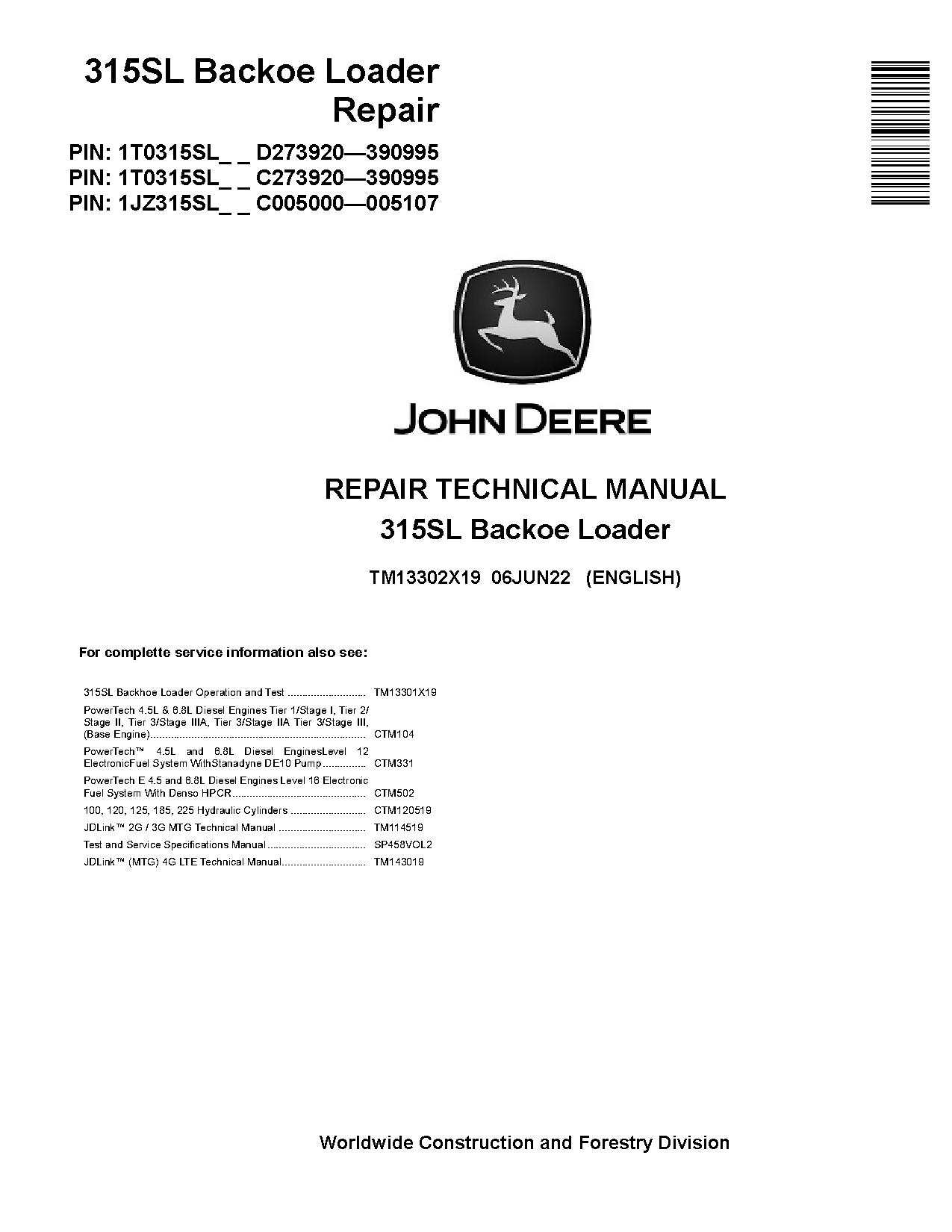 John Deere 315SL Side Shift Backhoe Loaders Repair Manual TM13302X19 (1)