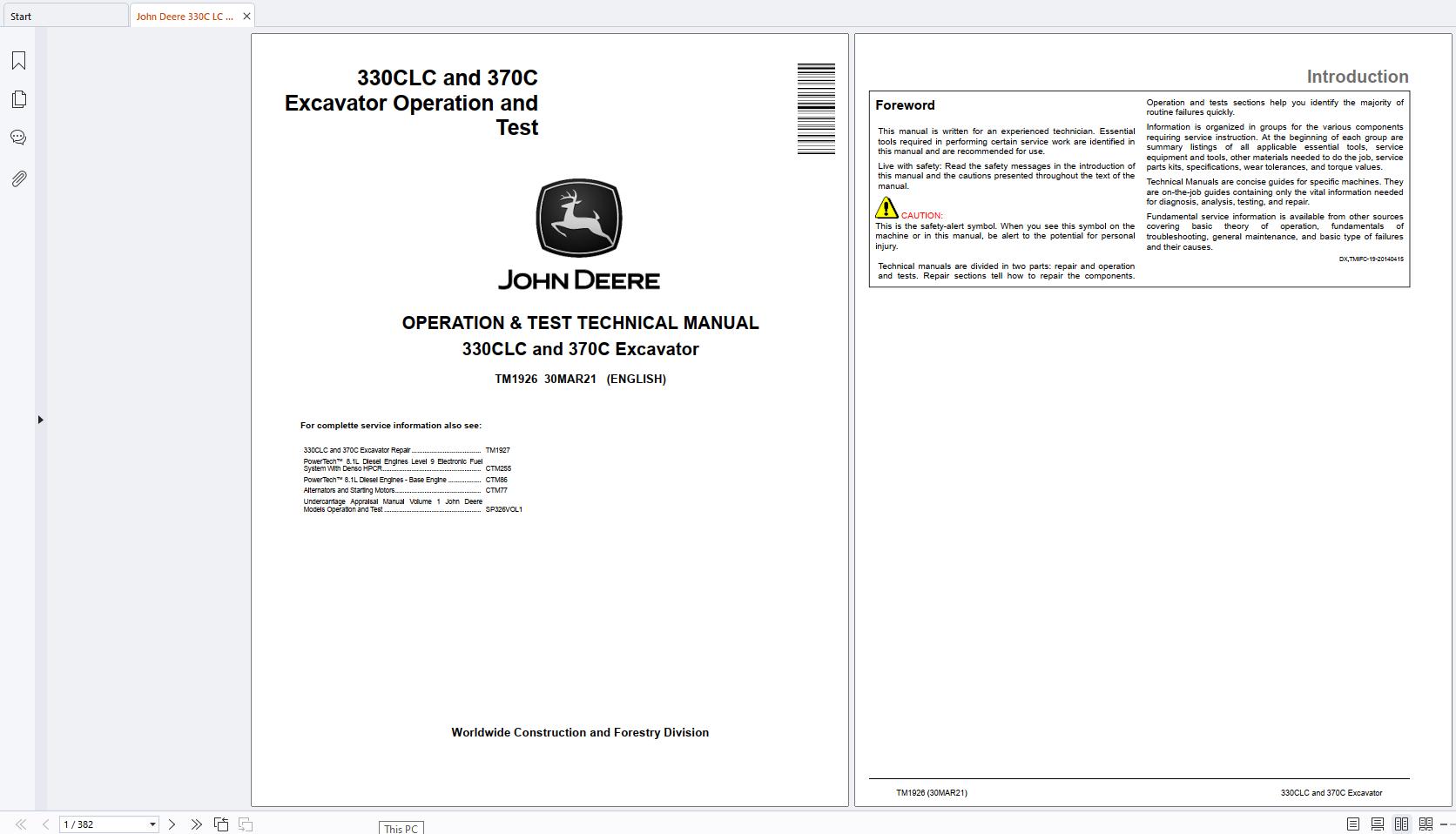 John Deere 330C LC 370C Crawler Excavators Operation Test Manual TM1926 (1)