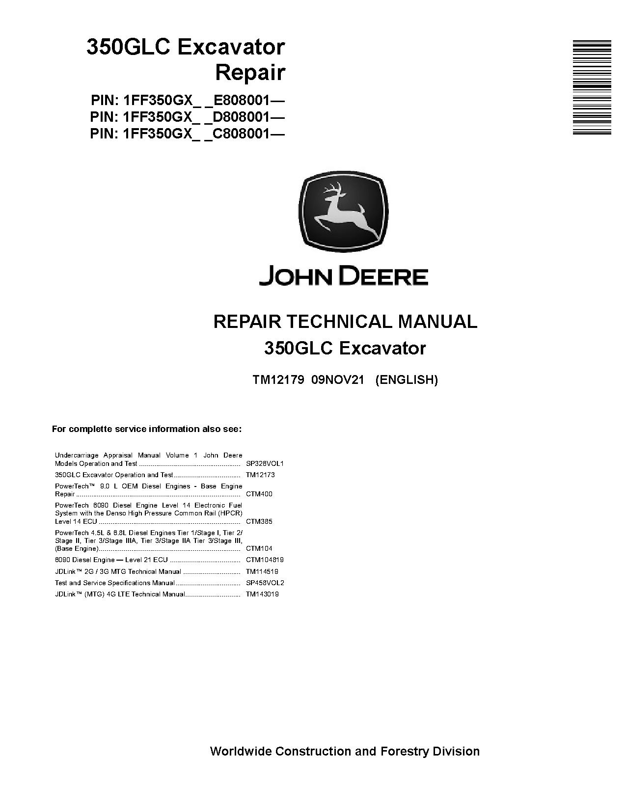 John Deere 350GLC Crawler Excavators Repair Manual TM12179 (1)
