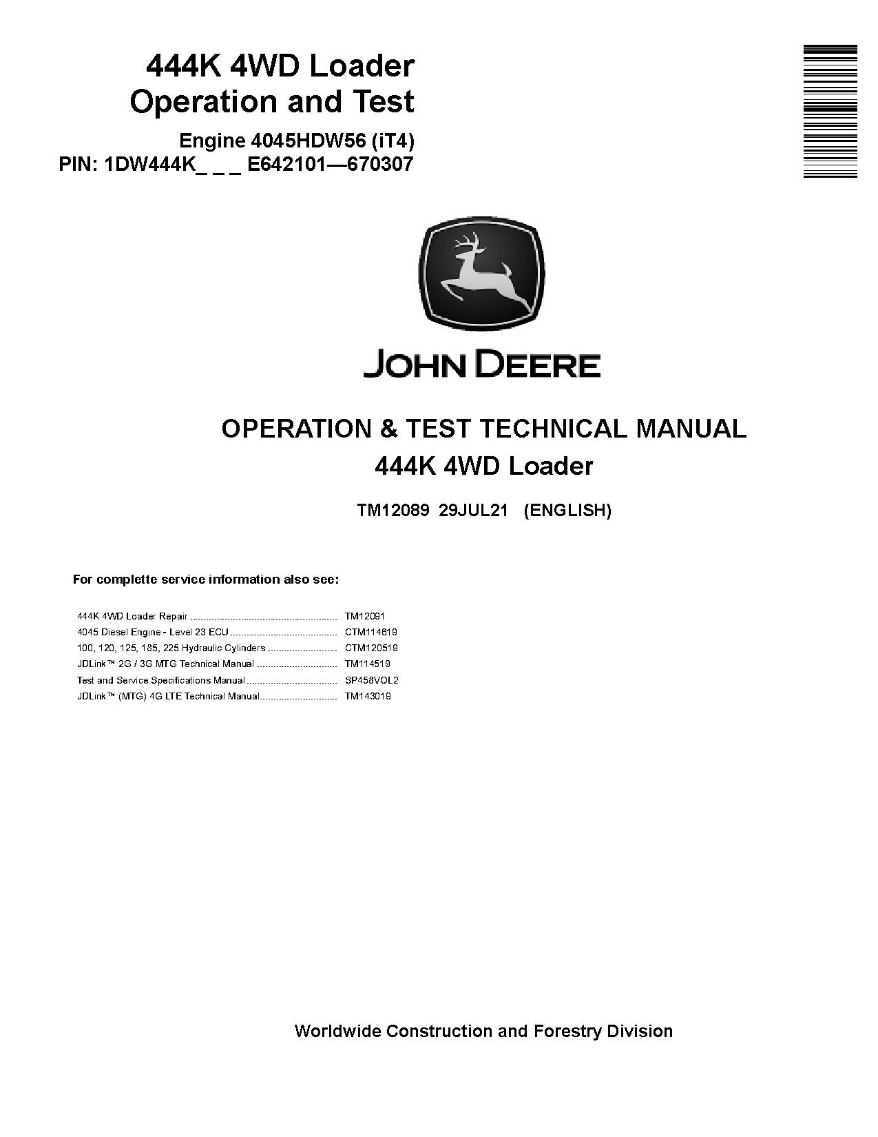 John Deere 444K 4WD Loaders Operation Test Manual TM12089 (1)