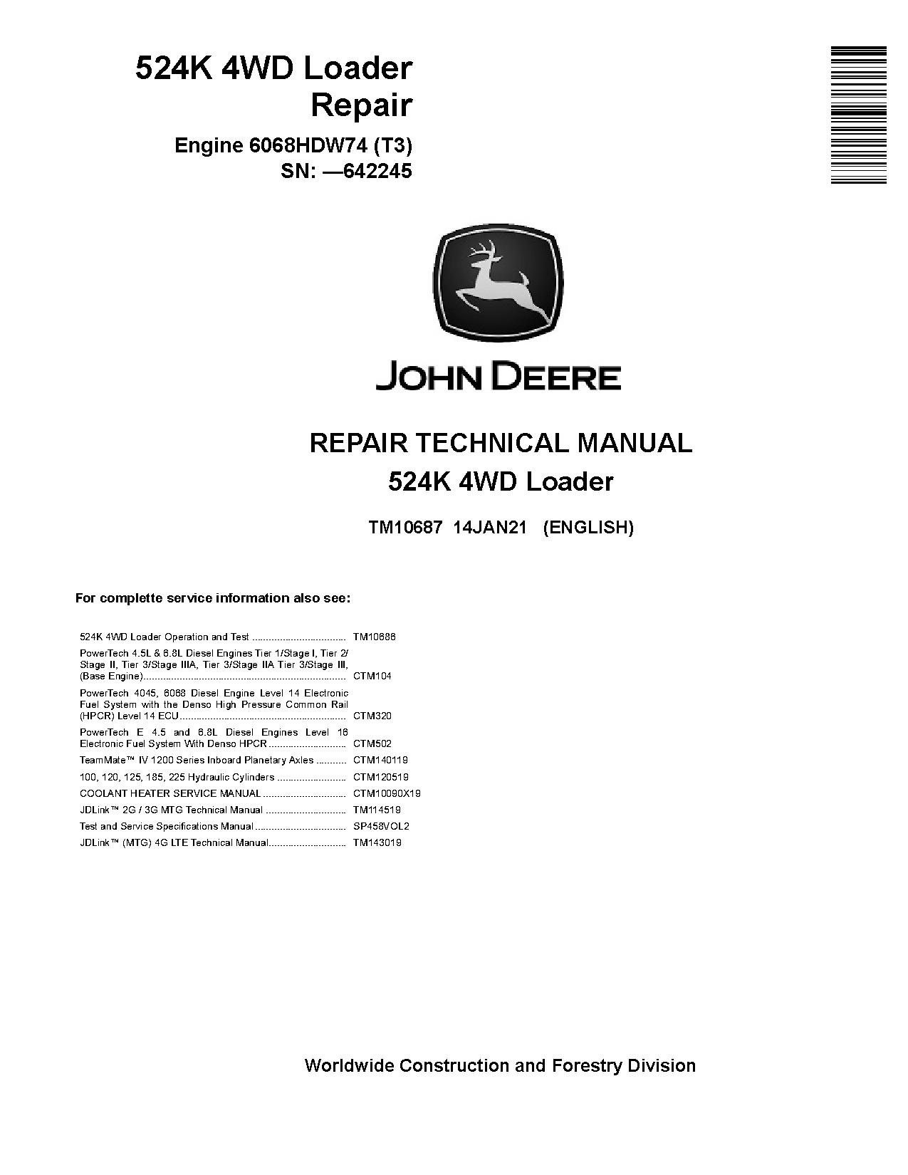 John Deere 524K 4WD Loaders Repair Manual TM10687 (1)