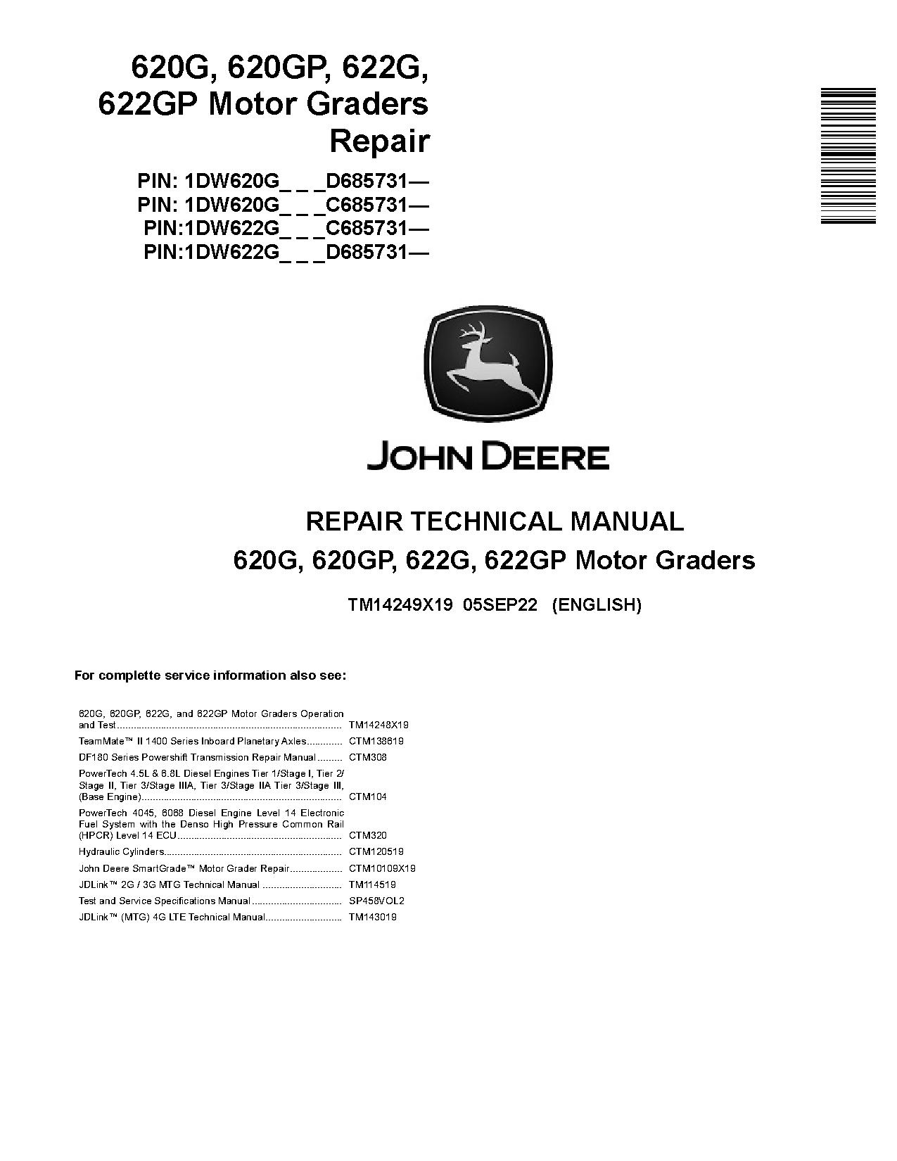 John Deere 620G 620GP 622G 622GP Motor Graders Repair Manual TM14249X19 (1)