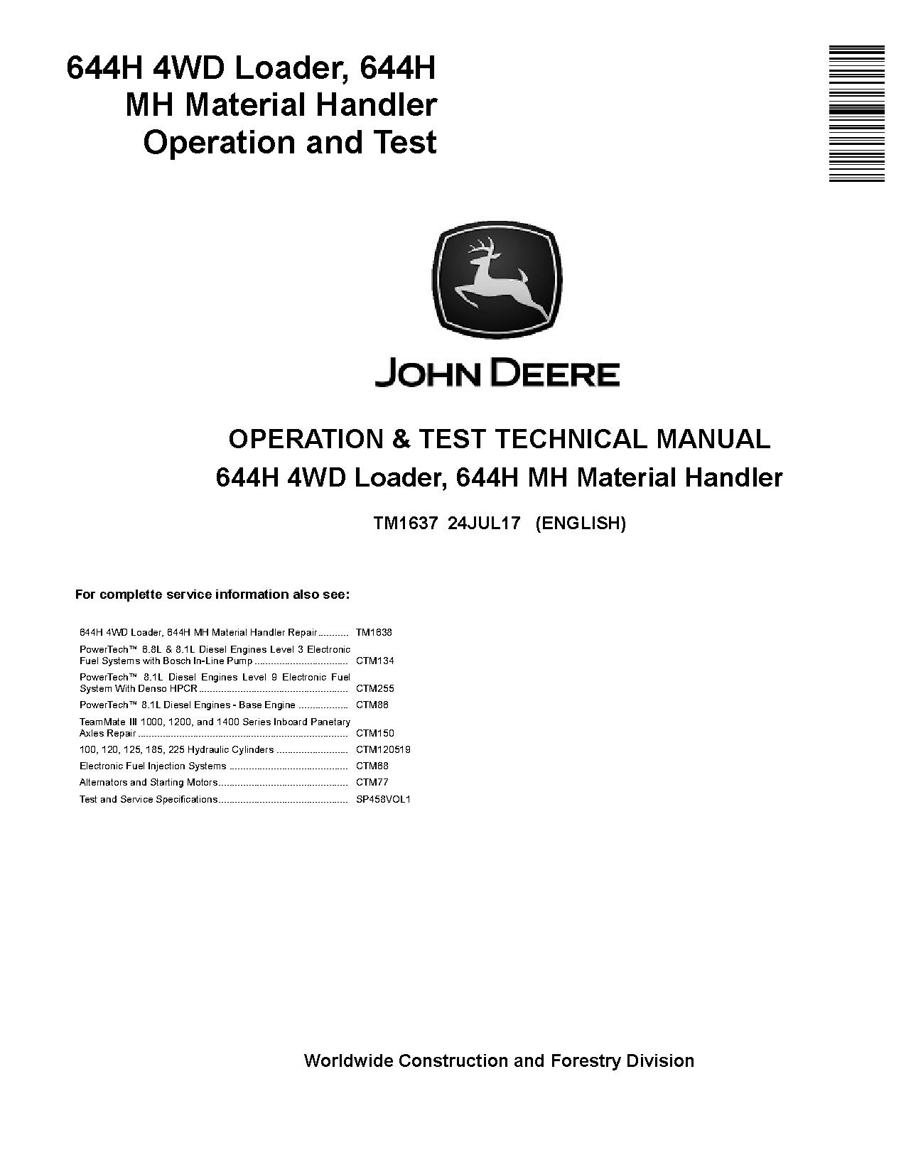 John Deere 644H 4WD Loaders 644H MH Material Handlers Operation Test Manual TM1637 (1)
