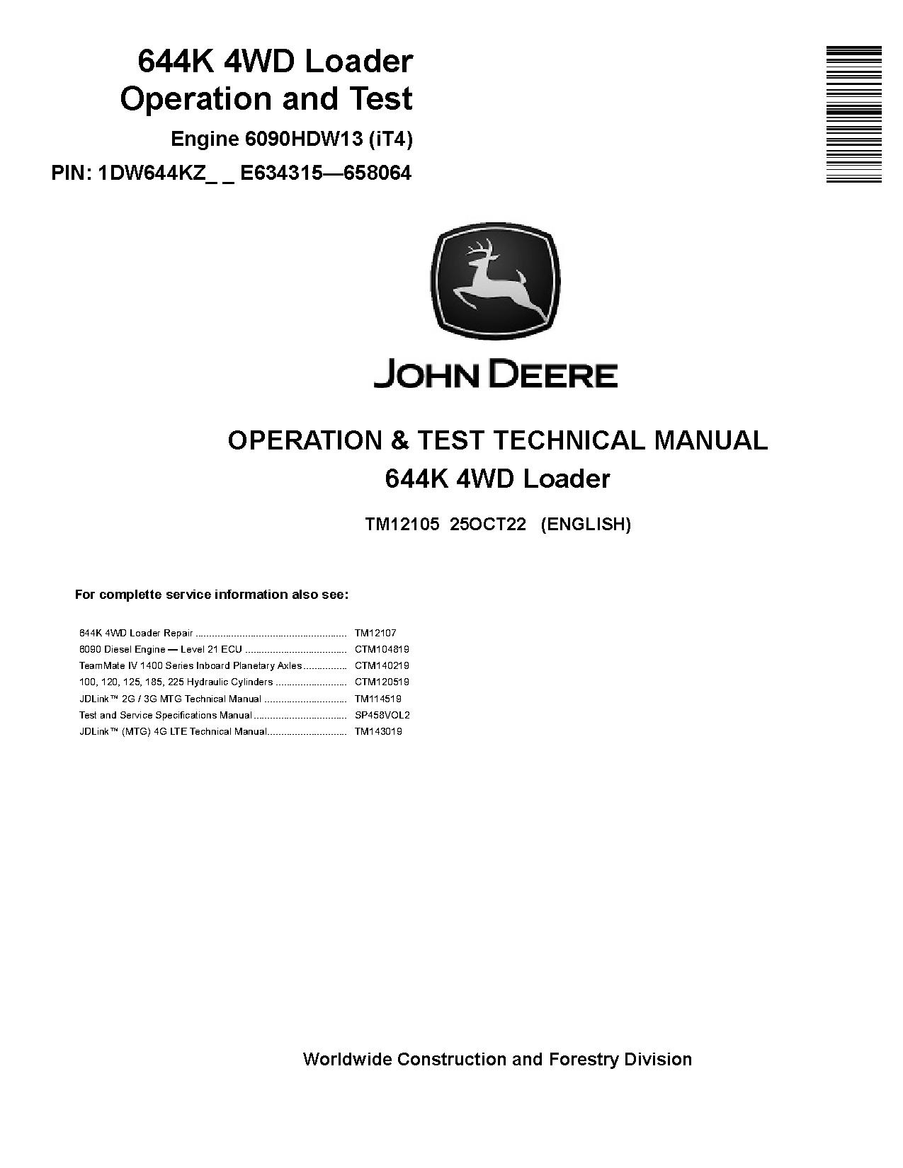 John Deere 644K 4WD Loaders Operation Test Manual TM12105 (1)