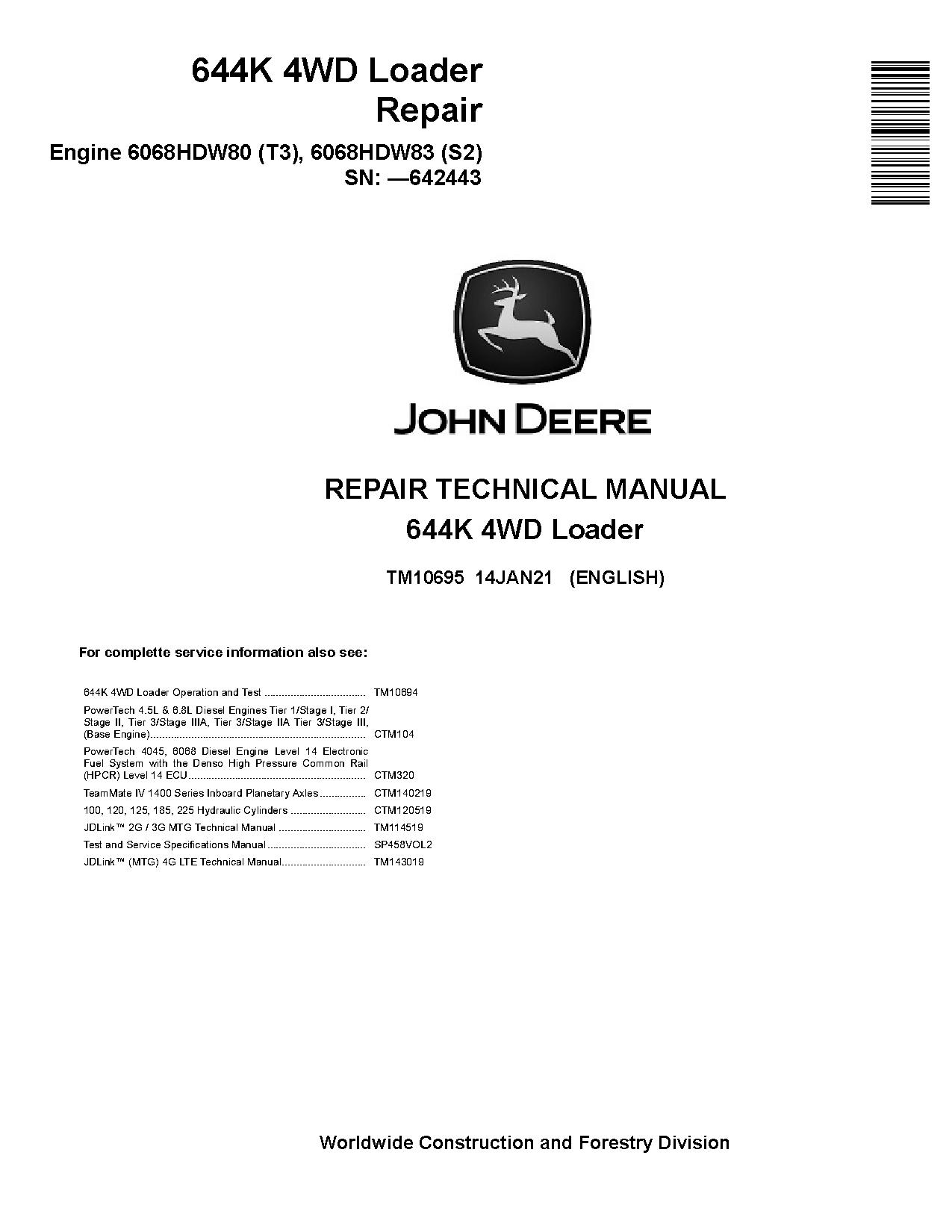 John Deere 644K 4WD Loaders Repair Manual TM10695 (1)